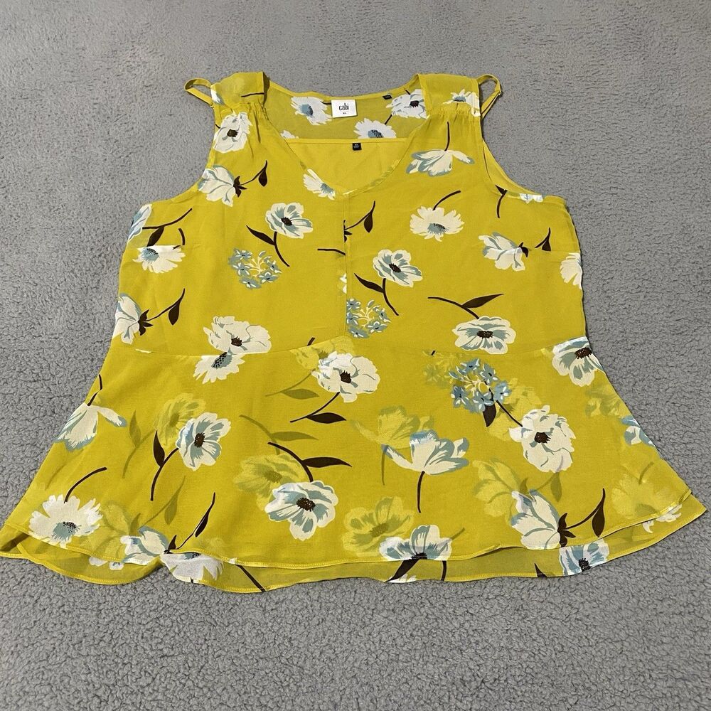Cabi Blouse Top Womens XL Yellow Floral Slip Lined Sleeveless Flowy Casual Boho